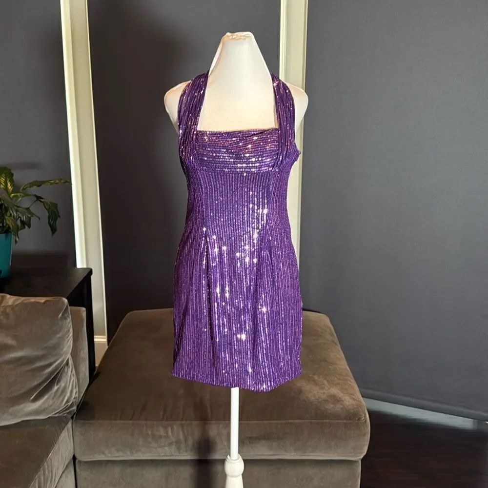 Women’s Purple Fully Sequined Short Prom Party Dress Halter Neck Size 8 NEW